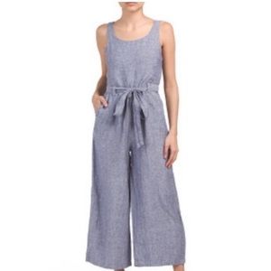 St. Tropez West Denim Blue Wide Leg Linen Jumpsuit Sz 2
